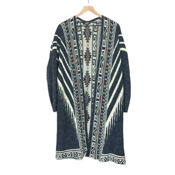 GeeGee Southwestern Aztec Long Sleeve Open Front Mid Length Sweater Cardigan - Picture 2 of 8